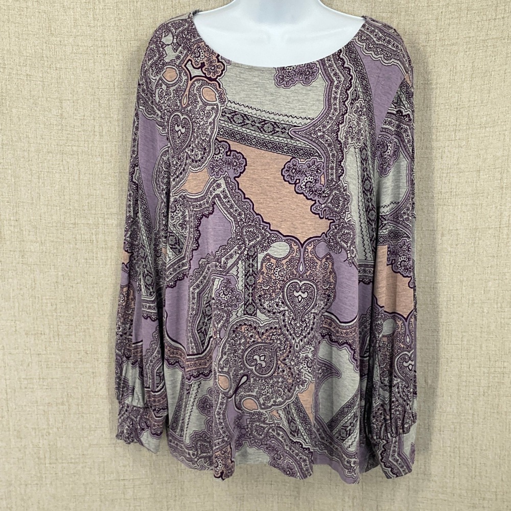 Chico's‎ Paisley Top Women XL 3 Purple Boho Long Sleeve Scoop Neck